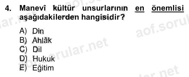 4. soru: Manevî kültür unsurlarının en önemlisi aşağıdakilerden hangisidir? A) Din B) Ahlâk C) Dil D) Hukuk E) Eğitim