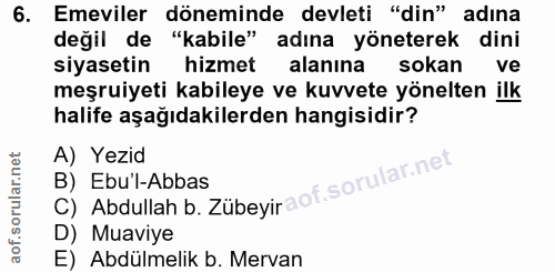 6. soru: Emeviler döneminde devleti "din" adına değil de "kabile" adına yöneterek dini siyasetin hizmet alanına sokan ve meşru…