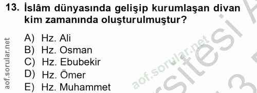 13. soru: Islâm dünyasında gelişip kurumlaşan divan kim zamanında oluşturulmuştur? A) Hz. Ali B) Hz. Osman site'si C) Hz. Ebube…