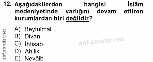12. soru: Aşağıdakilerden hangisi İslâm medeniyetinde varlığını devam ettiren kurumlardan biri değildir? A) Beytülmal B) Divan…