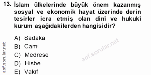 13. soru: Islam ülkelerinde büyük önem kazanmış sosyal ve ekonomik hayat üzerinde derin tesirler icra etmiş olan dinî ve hukukî…
