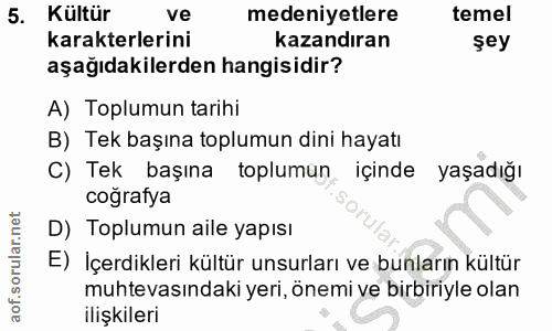 5. soru: Kültür ve medeniyetlere temel karakterlerini kazandıran şey aşağıdakilerden hangisidir? A) Toplumun tarihi B) Tek baş…