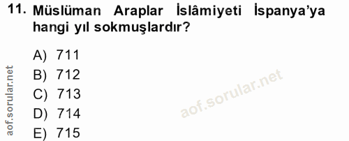 11. soru: Müslüman Araplar İslâmiyeti İspanya'ya hangi yıl sokmuşlardır? A) 711 B) 712 C) 713 D) 714 E) 715