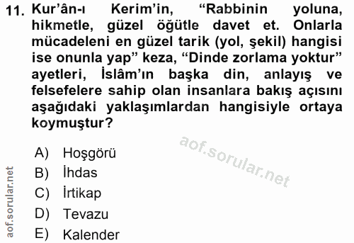 11. soru: Kur'ân-i Kerim'in, "Rabbinin yoluna, hikmetle, güzel ögütle davet et. Onlarla mücadeleni en güzel tarik (yol, şekil)…