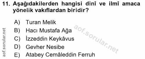 11. soru: Aşağıdakilerden hangisi dinî ve ilmî amaca yönelik vakıflardan biridir? A) Turan Melik B) Hacı Mustafa Ağa C) İzzeddi…