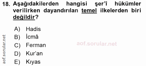 18. soru: Aşağıdakilerden hangisi şer'î hükümler verilirken dayandırılan temel ilkelerden biri değildir? A) Hadis B) İcmâ C) Fe…