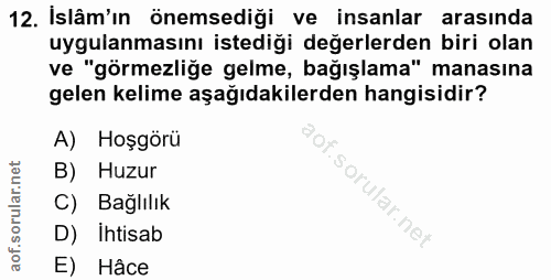 12. soru: Islâm'in önemsediği ve insanlar arasında uygulanmasını istediği değerlerden biri olan ve "görmezliğe gelme, bağışlama…