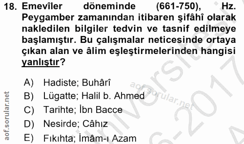 18. soru: Emeviler döneminde (661-750), Hz. Peygamber zamanından itibaren şifâhî olarak nakledilen bilgiler tedvin ve tasnif ed…