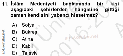 11. soru: İslâm Medeniyeti baglamında bir kişi aşağıdaki şehirlerdenhangisine gittiği zaman kendisini yabancı hissetmez? A) Sof…