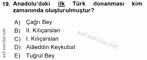 19. soru: Anadolu'daki ilk Türk donanması kim zamanında oluşturulmuştur? A) Çağrı Bey B) II. Kılıçarslan C) I. Kılıçarslan D) A…