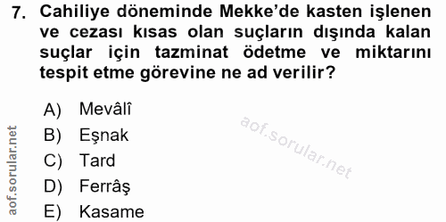 7. soru: Cahiliye döneminde Mekke'de kasten işlenen ve cezası kısas olan suçların dışında kalan suçlar için tazminat ödetme ve…