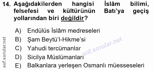 14. soru: Aşağıdakilerden hangisi islâm bilimi, felsefesi kültürünün Batı'ya geçiş yollarından biri değildir? A) Endülüs Islâm…