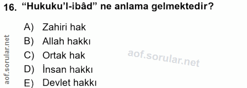16. soru: "Hukuku'l-ibâd" ne anlama gelmektedir? A) Zahiri hak B) Allah hakkı C) Ortak hak D) İnsan hakkı E) Devlet hakkı