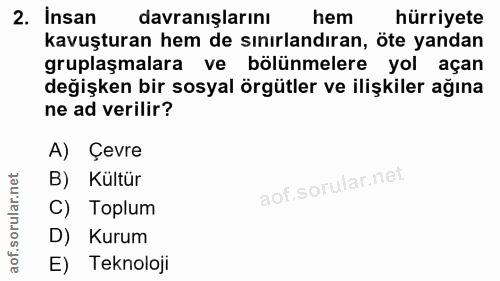 2. soru: Insan davranışlarını hem hürriyete kavuşturan hem de sınırlandıran, öte yandan gruplaşmalara ve bölünmelere yol açan…