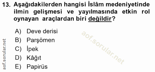13. soru: Aşağıdakilerden hangisi İslâm medeniyetinde ilmin gelişmesi ve yayılmasında etkin rol oynayan araçlardan biri değildi…