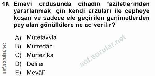 18. soru: Emevi ordusunda cihadın faziletlerinden yararlanmak için kendi arzuları ile cepheye koşan ve sadece ele geçirilen gan…