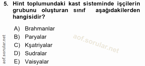 5. soru: Hint toplumundaki kast sisteminde işçilerin grubunu oluşturan sınıf aşağıdakilerden hangisidir? A) rahmanlar B) Parya…