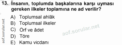 13. soru: İnsanın, toplumda başkalarına karşı uyması gereken ilkeler toplamina ne ad verilir? A) Toplumsal ahlâk B) Toplumsal i…