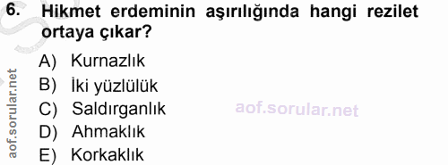 6. soru: Hikmet erdeminin aşırılığında hangi rezilet ortaya çıkar? A) Kurnazlık B) İki yüzlülük C) Saldırganlık D) Ahmaklık E)…