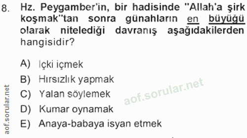 8. soru: Hz. Peygamber'in, bir hadisinde "Allah'a şirk koşmak"tan sonra günahların en büyüğü olarak nitelediği davranış aşağıd…