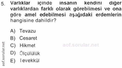5. soru: Varlıklar içinde insanın kendini diğer varlıklardan farklı olarak görebilmesi ve ona göre amel edebilmesi aşağıdaki e…