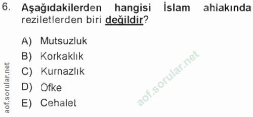 6. soru: Aşağıdakilerden hangisi Islam ahlakında reziletlerden biri değildir? A) Mutsuzluk B) Korkaklık C) Kurnazlık D) Ofke E…