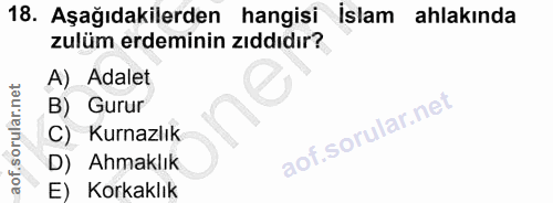 18. soru: Aşağıdakilerden hangisi İslam ahlakında zulüm erdeminin zıddıdır? A) Adalet B) Gurur Kurnazlık Ahmaklık E) Korkaklık