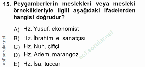 15. soru: Peygamberlerin meslekleri veya mesleki örneklileriyle ilgili aşağıdaki ifadelerden hangisi doğrudur? A) Hz. Yusuf, ek…