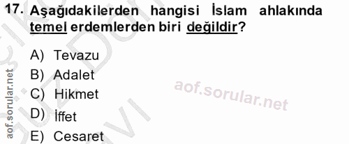 17. soru: Aşağıdakilerden hangisi islam ahlakında temel erdemlerden biri değildir? A) Tevazu B) Adalet C) Hikmet D) iffet E) Ce…
