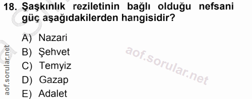 18. soru: Şaşkınlık reziletinin bağlı olduğu nefsani güç aşağıdakilerden hangisidir? A) Nazari B) Şehvet C) Temyiz D) Gazap E)…