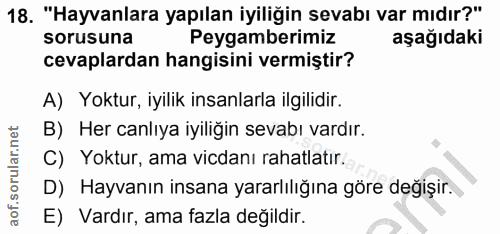 18. soru: "Hayvanlara yapılan iyiliğin sevabı var mıdır?" sorusuna Peygamberimiz aşağıdaki cevaplardan hangisini vermiştir? A)…