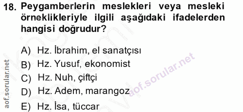 18. soru: Peygamberlerin meslekleri veya mesleki örneklileriyle ilgili aşağıdaki ifadelerden hangisi doğrudur? A) Hz. Ibrahim,…