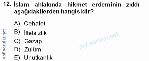 12. soru: Islam ahlakında hikmet erdeminin zıddı aşağıdakilerden hangisidir? A) Cehalet B) İffetsizlik C) Gazap D) Zulüm E) Unu…
