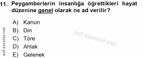 11. soru: Peygamberlerin insanlığa öğrettikleri hayat düzenine genel olarak ne ad verilir? A) Kanun B) Din C) Töre D) Ahlak E)…