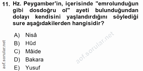 11. soru: Hz. Peygamber'in, içerisinde "emrolunduğun gibi dosdoğru ol" ayeti bulunduğundan dolayı kendisini yaşlandırdığını söy…
