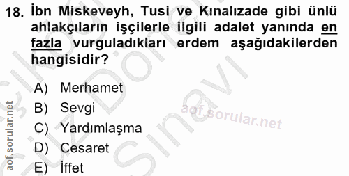 18. soru: Ibn Miskeveyh, Tusi ve Kınalızade gibi ünlü ahlakçıların işçilerle ilgili adalet yanında en fazla vurguladıkları erde…