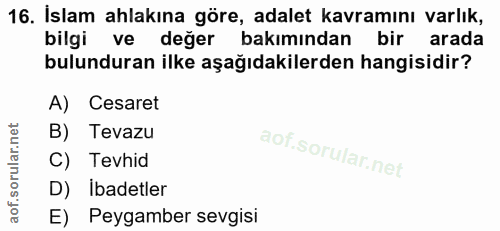16. soru: İslam ahlakına göre, adalet kavramını varlık, bilgi ve değer bakımından bir arada bulunduran ilke aşağıdakilerden han…