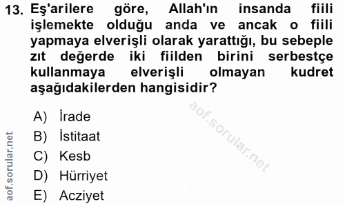 13. soru: Eş'arilere göre, Allah'ın insanda fiili işlemekte olduğu anda ve ancak o fiili yapmaya elverişli olarak yarattığı, bu…