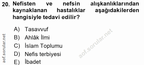20. soru: Nefisten ve nefsin alışkanlıklarından kaynaklanan hastalıklar aşağıdakilerden hangisiyle tedavi edilir? A) Tasavvuf B…