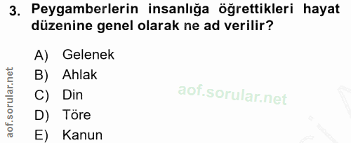 3. soru: Peygamberlerin insanlığa öğrettikleri hayat düzenine genel olarak ne ad verilir? A) Gelenek B) Ahlak C) Din D) Töre E…