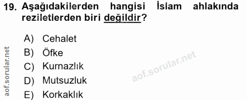 19. soru: Aşağıdakilerden hangisi İslam ahlakında reziletlerden biri değildir? A) Cehalet B) Öfke C) Kurnazlık D) Mutsuzluk E)…