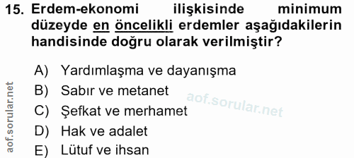 15. soru: Erdem-ekonomi ilişkisinde minimum düzeyde en öncelikli erdemler aşağıdakilerin hadisinde doğru olarak verilmiştir? A)…