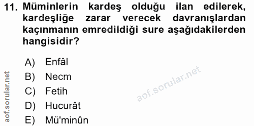 11. soru: Müminlerin kardeş olduğu ilan edilerek, kardeşliğe zarar verecek davranışlardan kaçınmanın emredildiği sure aşağıdaki…