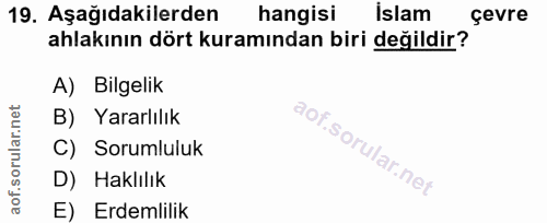 19. soru: Aşağıdakilerden hangisi İslam çevre ahlakının dört kuramından biri değildir? A) Bilgelik B) Yararlılık C) Sorumluluk…