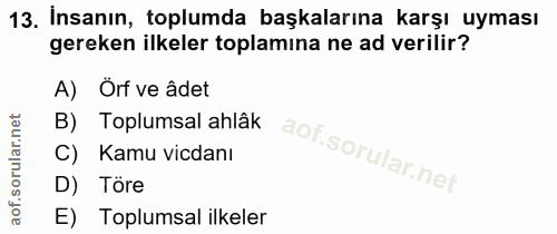 13. soru: Insanın, toplumda başkalarına karşı uyması gereken ilkeler toplamina ne ad verilir? A) Orf ve âdet Toplumsal ahlâk Ka…