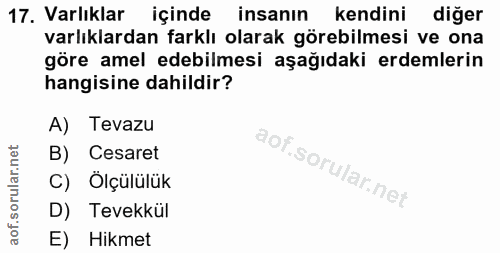 17. soru: Varlıklar içinde insanın kendini diğer varlıklardan farklı olarak görebilmesi ve ona göre amel edebilmesi aşağıdaki e…