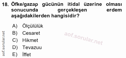 18. soru: Öfke/gazap gücünün itidal üzerine olması sonucunda gerçekleşen erdem aşağıdakilerden hangisidir? A) Ölçülülük B) Cesa…