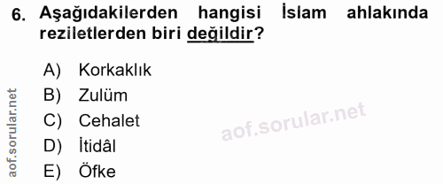 6. soru: Aşağıdakilerden hangisi Islam ahlakında reziletlerden biri değildir? A) Korkaklık B) Zulüm C) Cehalet D) Itidâl E) Ofke