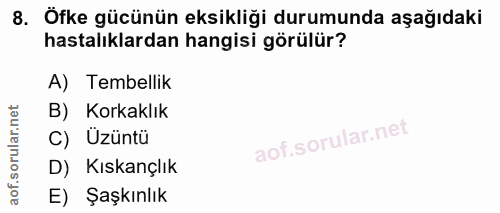 8. soru: Öfke gücünün eksikliği durumunda aşağıdaki hastalıklardan hangisi görülür? A) Tembellik B) Korkaklık C) Üzüntü D) Kıs…