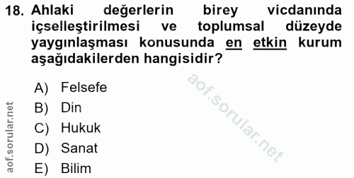 18. soru: Ahlaki değerlerin birey vicdanında içselleştirilmesi ve toplumsal düzeyde yaygınlaşması konusunda en etkin kurum aşağ…